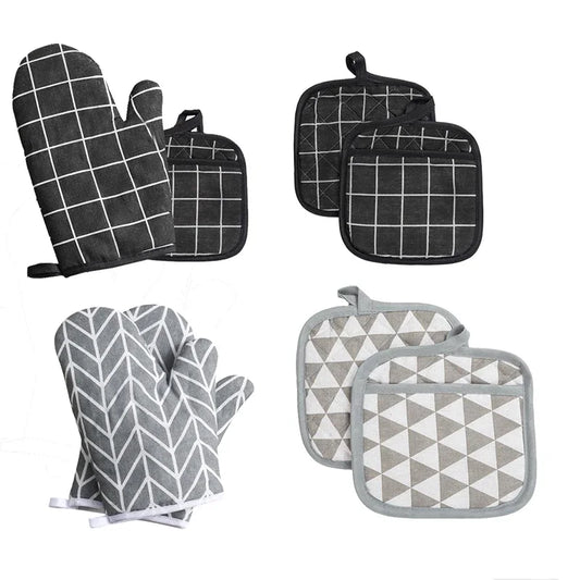 2Pcs Kitchen Potholders Pad and Stove Oven Gloves Set Mitts Heat Resistant Thermal Anti-Heat Take Hot Pot Cooking Baking Gloves